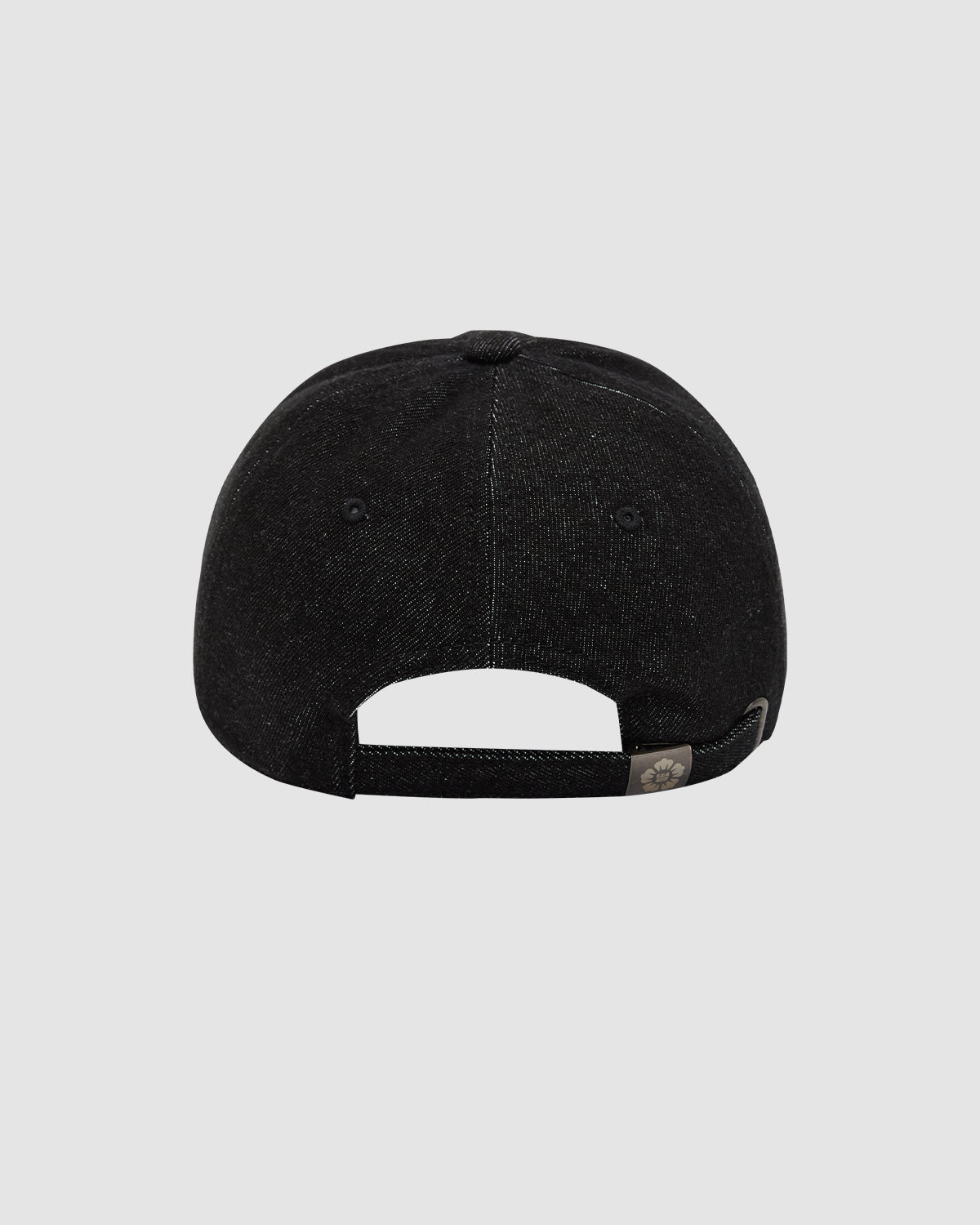 A back view of the Sundae School BLACK DRAGON CAP in black denim, featuring an adjustable strap and metal clasp, set against a plain light gray background.