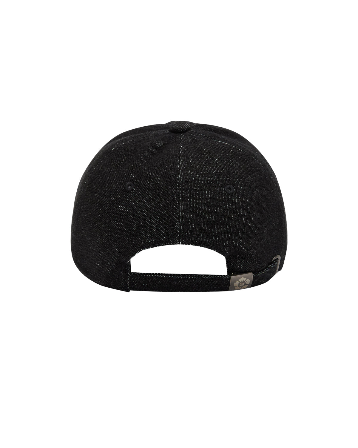 A black denim BLACK DRAGON CAP by Sundae School, viewed from the back with an adjustable strap featuring a small metal clasp and a round button on top—this stylish hat pays subtle tribute to Korean heritage, making it perfect for fans of Sundae School’s Hangul Sundae or anyone who appreciates the bold spirit of the Korean dragon.