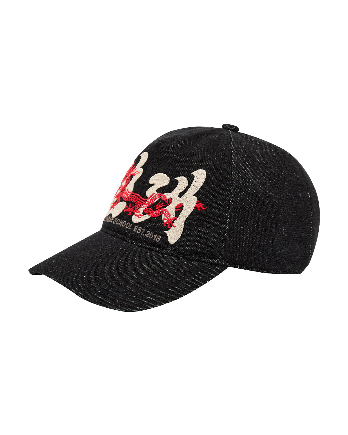 The BLACK DRAGON CAP by Sundae School is a black baseball cap with a curved brim, featuring bold cream and red embroidered lettering and designs inspired by Hangul Sundae. Highlighting a striking Korean dragon motif, this cap showcases eye-catching embroidery on the front, with “EST. 2018” stitched beneath the design.
