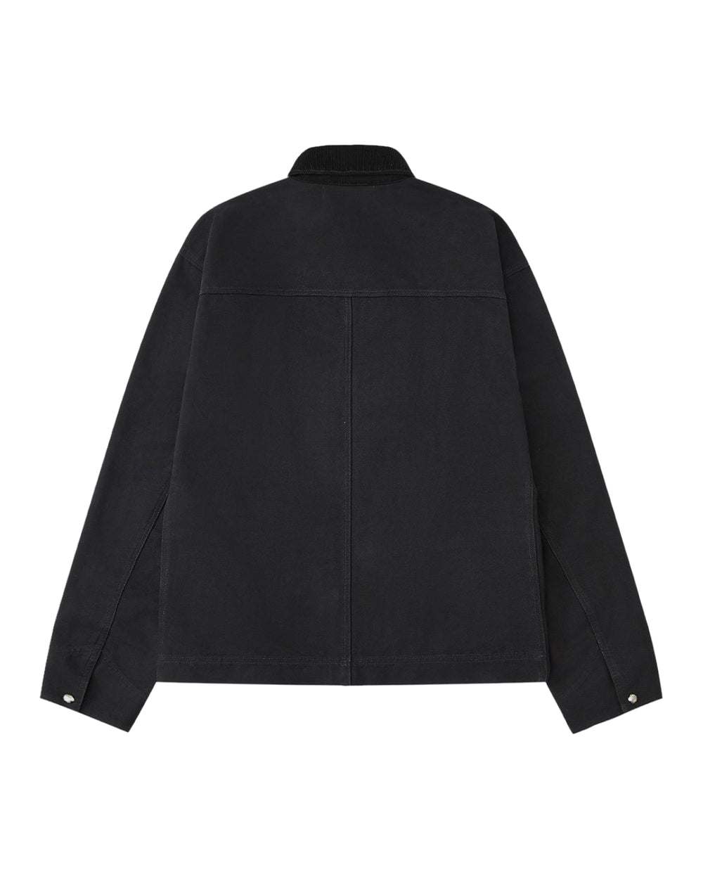 The BLACK FIREMAN CLASP JACKET by Sundae School is displayed from the back, showcasing long sleeves, a straight hem, and a prominent seam running across the upper back. Buttoned cuffs and a contrasting textured collar lend subtle vintage character to this utilitarian workwear-inspired piece.