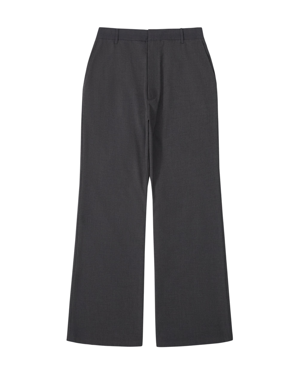 A pair of Sundae School FLARE SKIRT PANTS in dark gray, featuring a semi-bootcut silhouette with belt loops and side pockets, is laid flat on a white background.