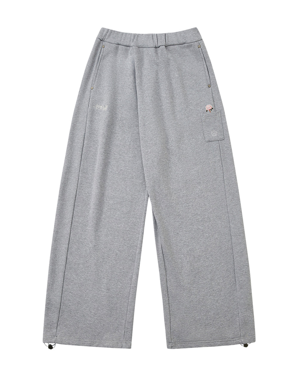 HEATHER GREY WRAP SWEATBAJI by Sundae School: Soft and comfortable heather grey wide-leg sweatpants featuring side pockets, zippered openings near the waist, a small Korean embroidery detail on the right pocket, and adjustable drawstrings at the ankles.