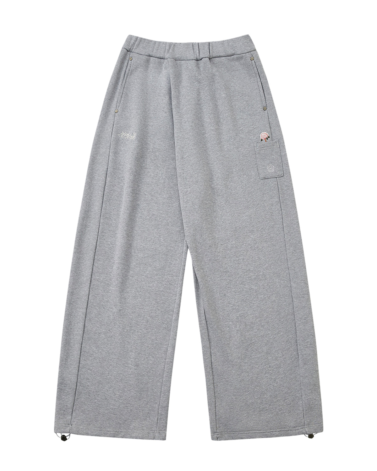 HEATHER GREY WRAP SWEATBAJI by Sundae School: Soft and comfortable heather grey wide-leg sweatpants featuring side pockets, zippered openings near the waist, a small Korean embroidery detail on the right pocket, and adjustable drawstrings at the ankles.