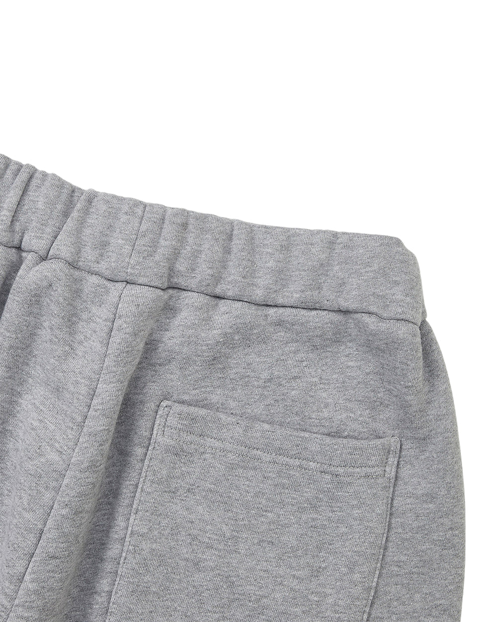 Close-up of the waistband and back pocket of the Sundae School HEATHER GREY WRAP SWEATBAJI, highlighting the soft heather gray fabric texture and elastic band.