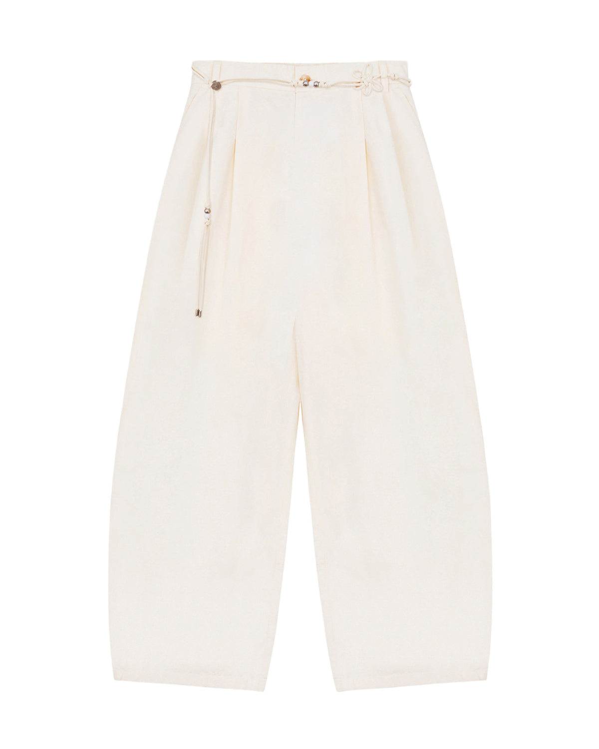 The IVORY FLOWER NORIGAE LINEN TROUSERS by Sundae School are high-waisted, wide-leg cream-colored pants crafted from a cotton-linen blend. Featuring balloon-shaped legs, pleats, an ankle-length cut, and a slim matching norigae belt, these trousers offer a loose, comfortable fit.