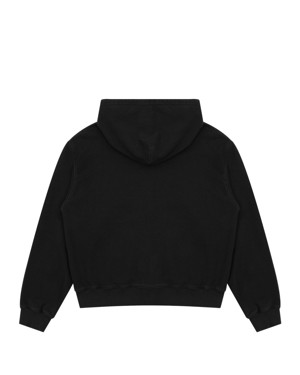 The BLACK WASH FLOWER KNOT ZIP UP by Sundae School is displayed flat with the back facing up, featuring long sleeves and ribbed cuffs and hem. This zip-up hoodie is finished with a distinctive Maehwa knot zipper pull and subtle Hangul Sundae School embroidery for a modern touch.