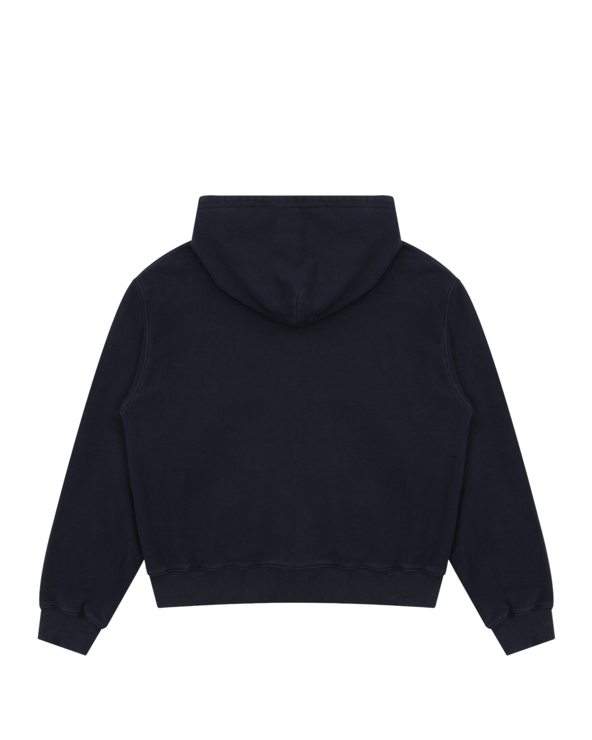 A NAVY WASH FLOWER KNOT ZIP UP hoodie by Sundae School is displayed flat, showing the back. The hoodie features long sleeves, ribbed cuffs and hem, and has no visible designs or logos.