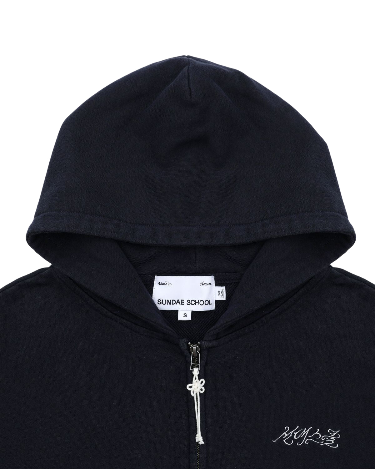 NAVY WASH FLOWER KNOT ZIP UP by Sundae School: Navy cotton zip-up hoodie with a hood up, partially unzipped. The inner label displays 