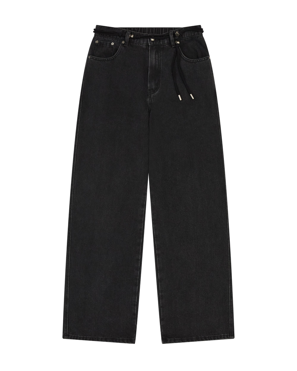 A pair of BLACK WIDOW FRESHMAN FIT DENIM jeans by Sundae School, inspired by Hanbok Denim, featuring a high waist, wide legs, front and back pockets, belt loops, and a Norigae belt drawstring at the waist, laid flat on a white background.