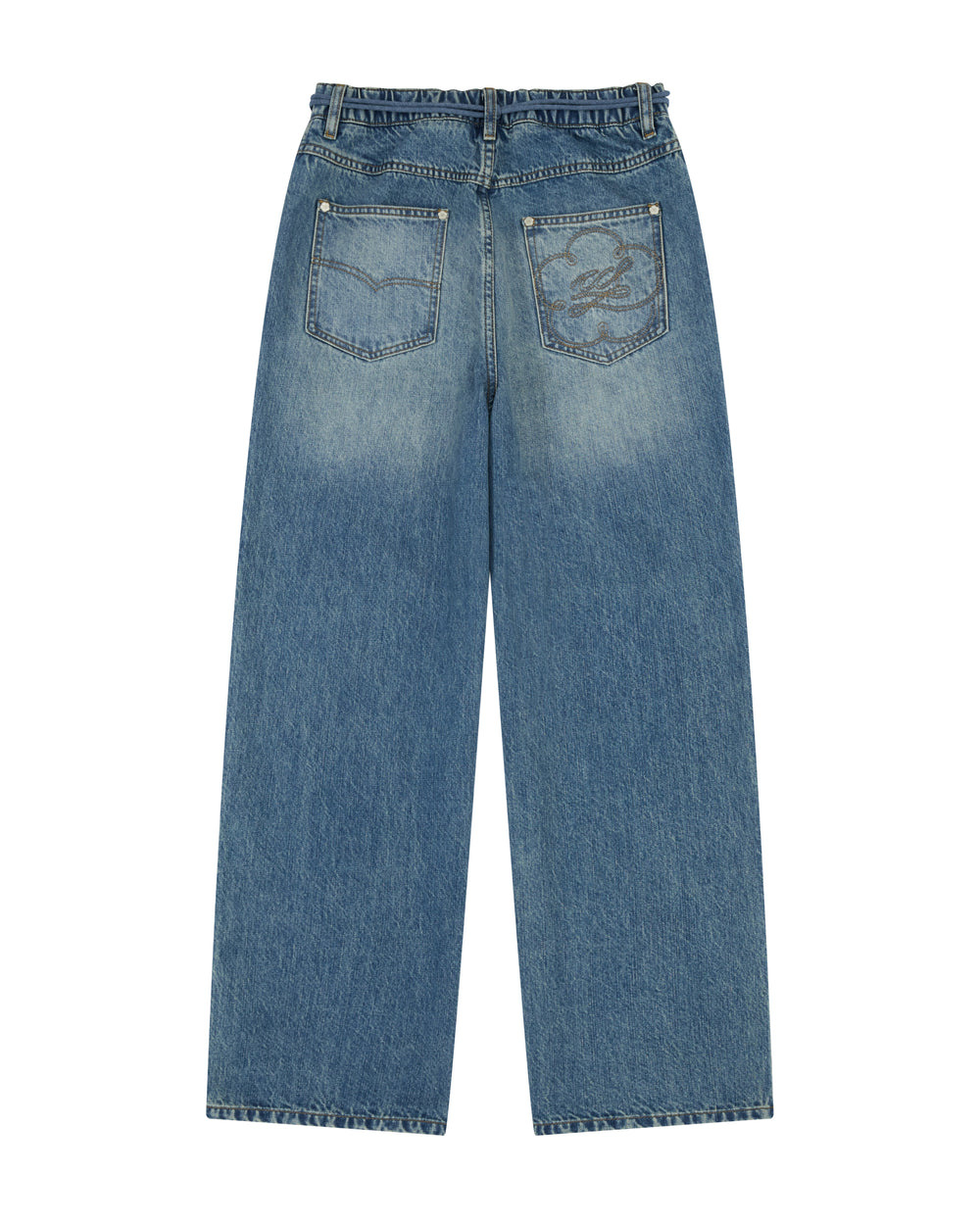 Back view of the Sundae School MEDIUM BLUE FRESHMAN FIT DENIM jeans in a wide-leg, boyfriend style. Features two back pockets—with stitched detailing on the right pocket—a slightly faded medium blue wash, and visible seams along the waistband and hems.