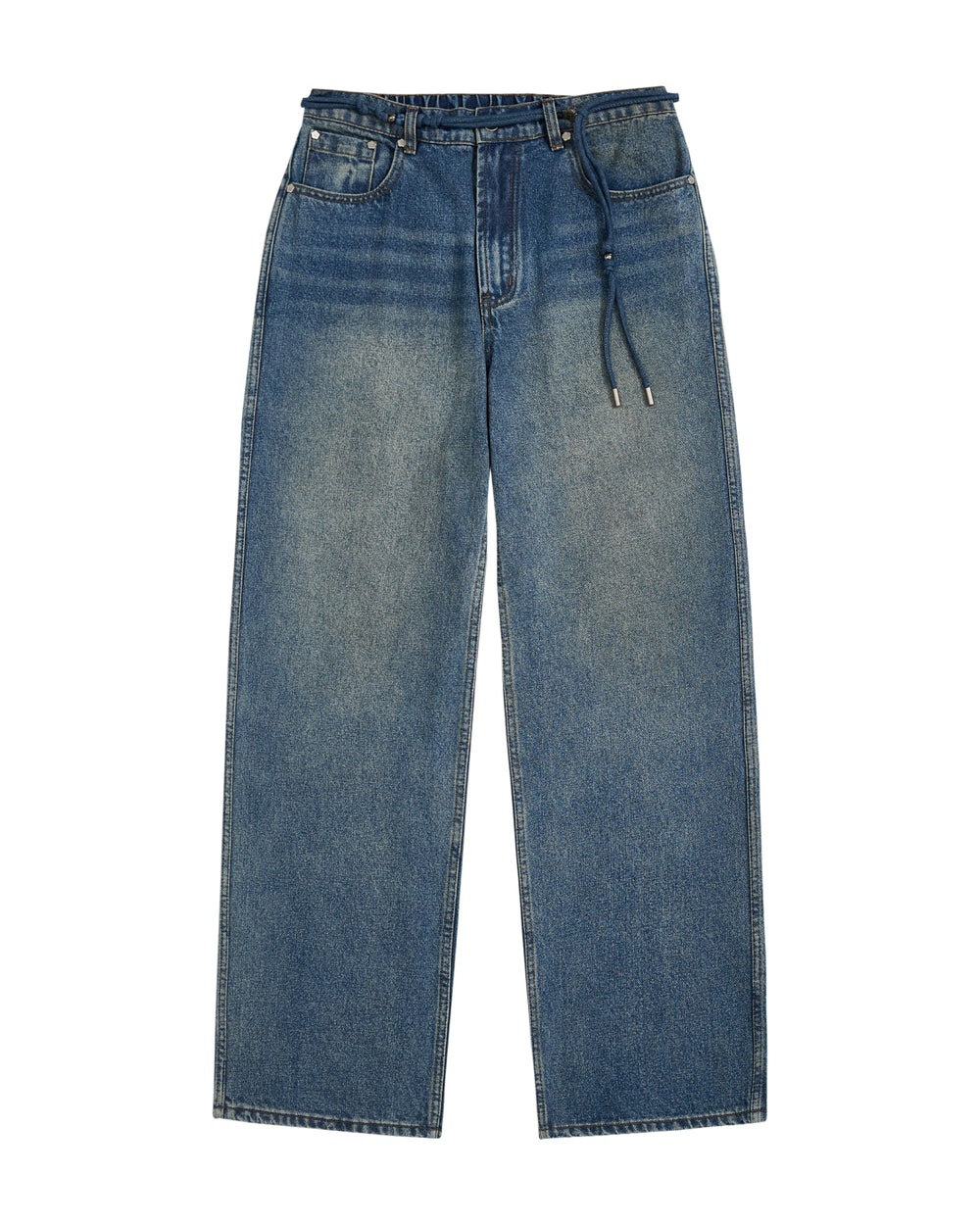 Introducing the BLUE DREAM FRESHMAN FIT DENIM by Sundae School—these blue wide-leg jeans feature a faded wash, front zipper and button closure, side and back pockets, and a Norigae belt at the waistband for a distinctive Korean-inspired denim accent.