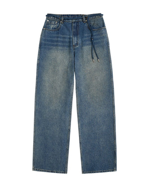 Introducing the BLUE DREAM FRESHMAN FIT DENIM by Sundae School—these blue wide-leg jeans feature a faded wash, front zipper and button closure, side and back pockets, and a Norigae belt at the waistband for a distinctive Korean-inspired denim accent.
