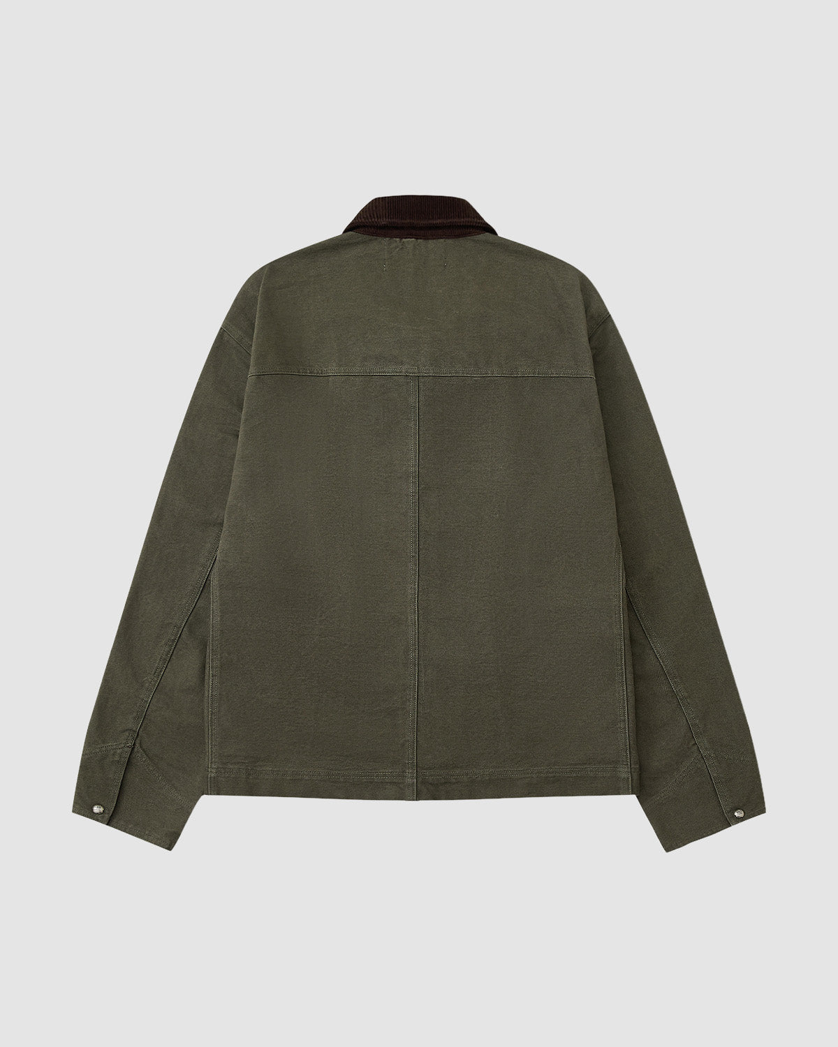 The Sundae School [PRE-ORDER] OLIVE FIREMAN CLASP JACKET is displayed from the back, with long sleeves, straight hem, visible seams, and a dark corduroy collar—classic workwear style against a plain light grey background.