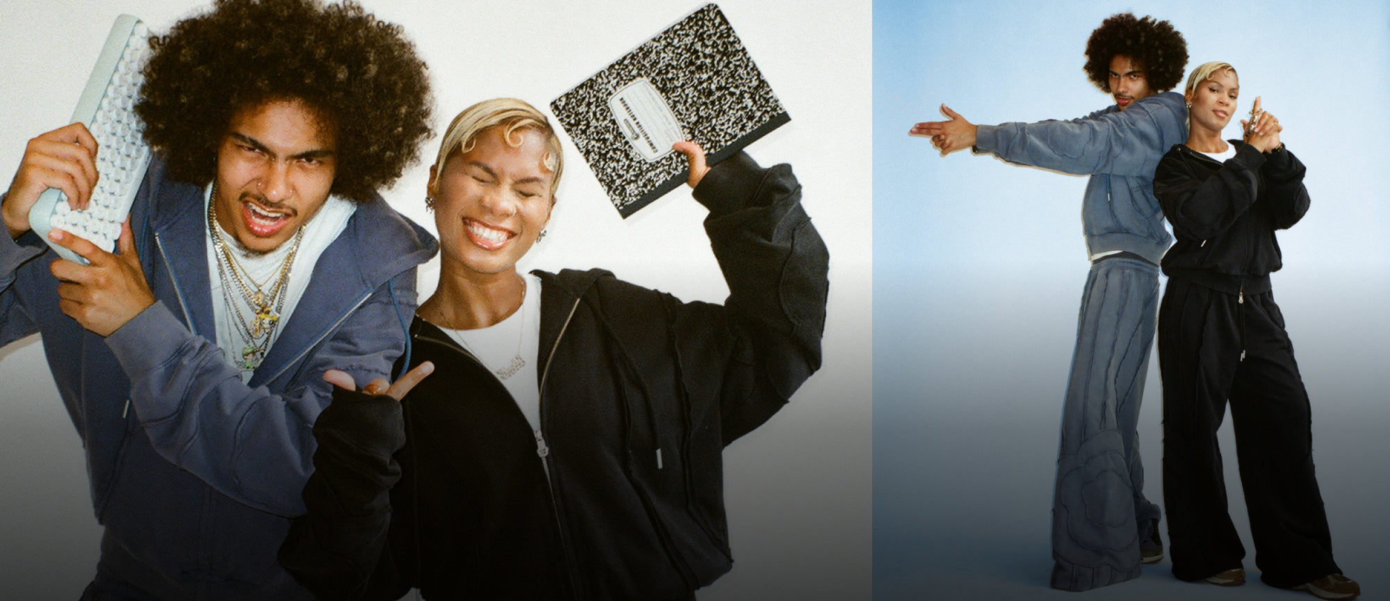 Two photos placed side by side. On the left are a man wearing Sundae School Indigo Fade Mochi Haze Paneled Zip Up Hoodie and holding a key board in two hands laid on his right shoulder and a woman wearing Black Mochi Haze Paneled Zip Up Hoodie and holding a note book in her left hand lifted up. And on the right side is he same man and woman standing with their backs touching each other wearing Mochi Haze Paneled Zip Up Hoodie and Sweat Pants in indigo blue and black. 