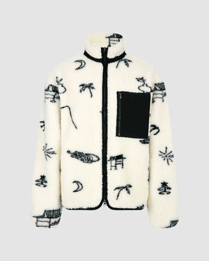 The Sundae School Kiwa Fleece Zip-Up is a white jacquard jacket with black abstract and nature-inspired doodles, a black zippered chest pocket, and black trim, shown against a plain light gray background.