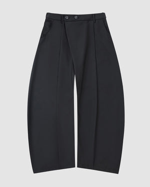 Sundae School’s BLACK PLEATED HANBOK SLACKS are wide-leg, high-waisted black wool pants with double-button closure, pleats, side pockets, and a relaxed fit—modern unisex style shown on a plain light gray background.