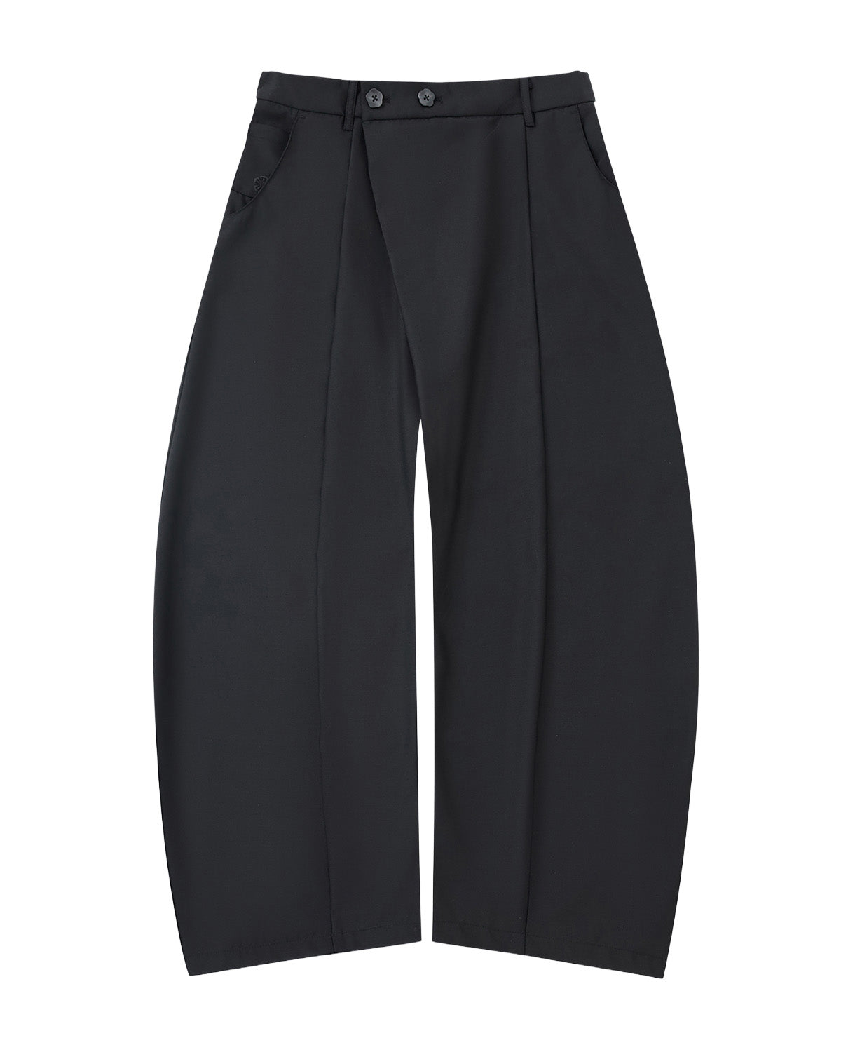 Sundae School’s BLACK PLEATED HANBOK SLACKS are wide-leg, high-waisted black wool pants with double-button closure, pleats, side pockets, and a relaxed fit—modern unisex style shown on a plain light gray background.