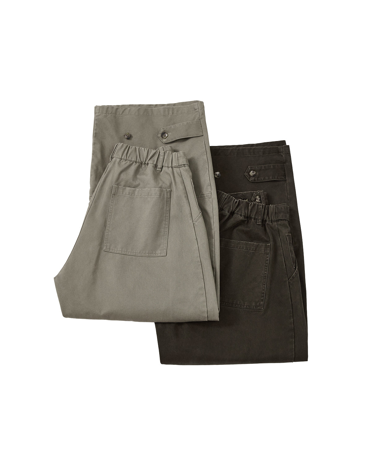 Two pairs of SOIL HANBOK CHINO PANTS in sage green and dark brown, featuring folded barrel-fit legs, elastic waistbands, and back pockets.