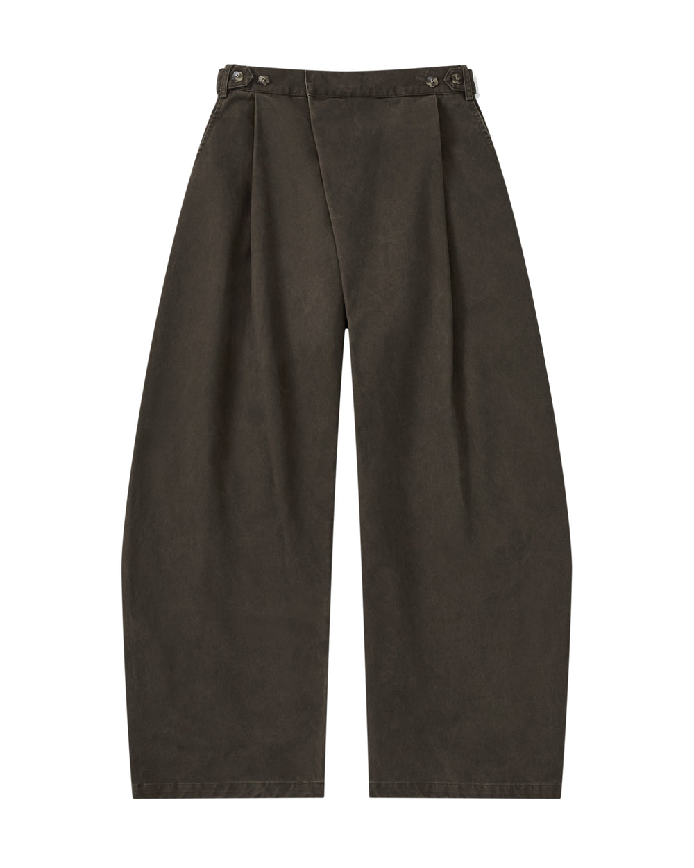 Dark brown SOIL HANBOK CHINO PANTS with a barrel-fit, wrap-front waist, pleats, and side-button closures.