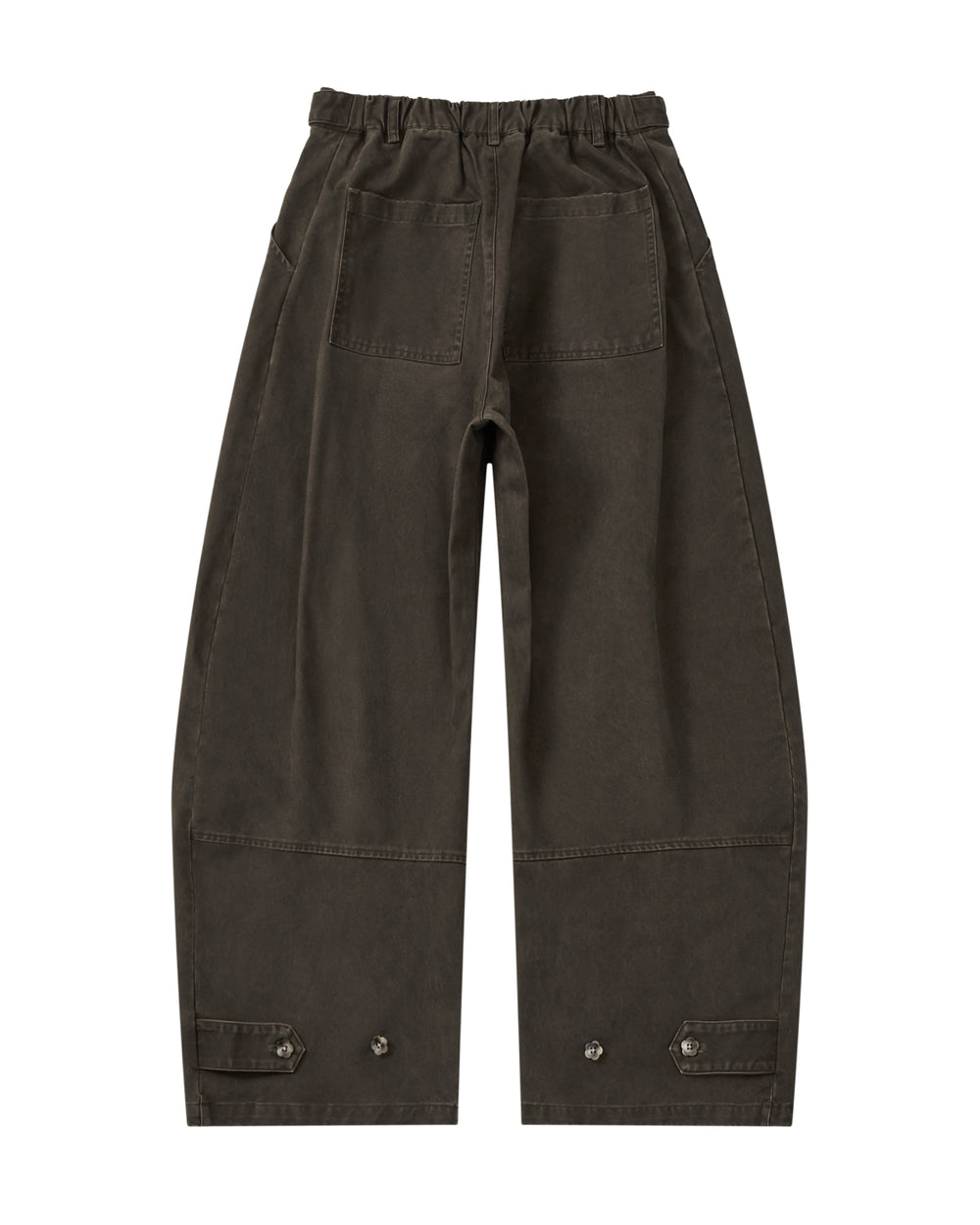 Back view of dark brown SOIL HANBOK CHINO PANTS featuring a barrel-fit, adjustable waistband, two back pockets, and button tabs at the hems.