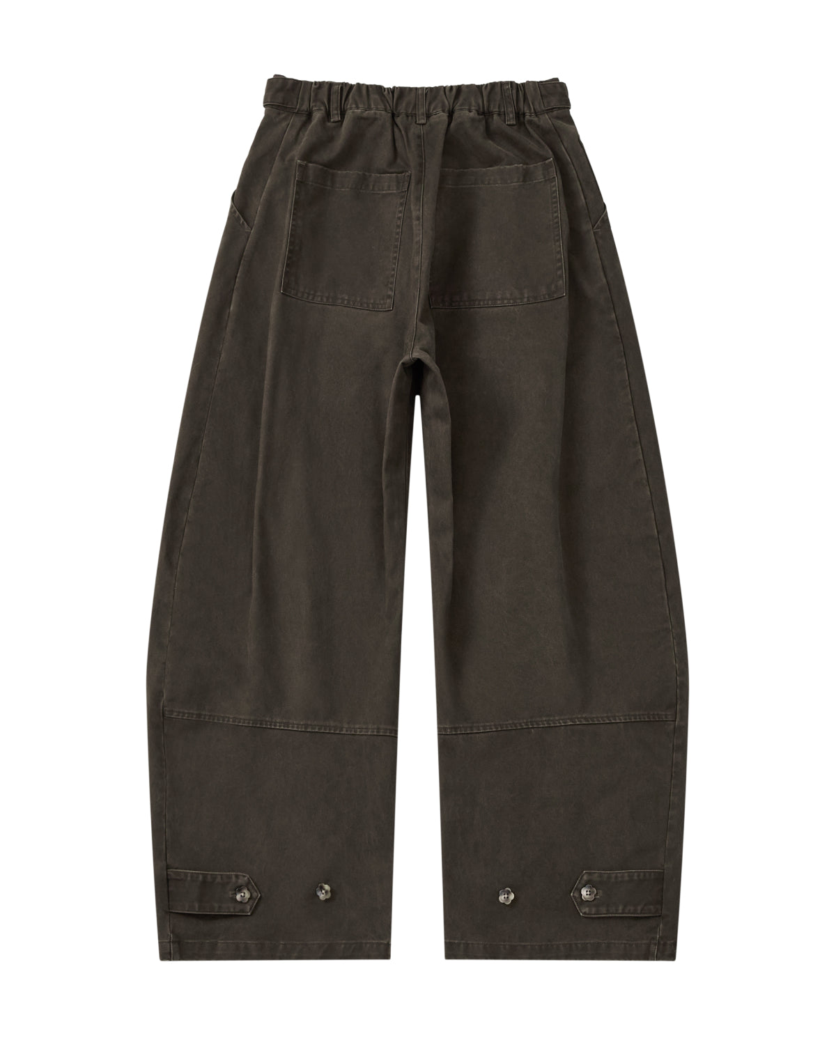 Back view of dark brown SOIL HANBOK CHINO PANTS featuring a barrel-fit, adjustable waistband, two back pockets, and button tabs at the hems.