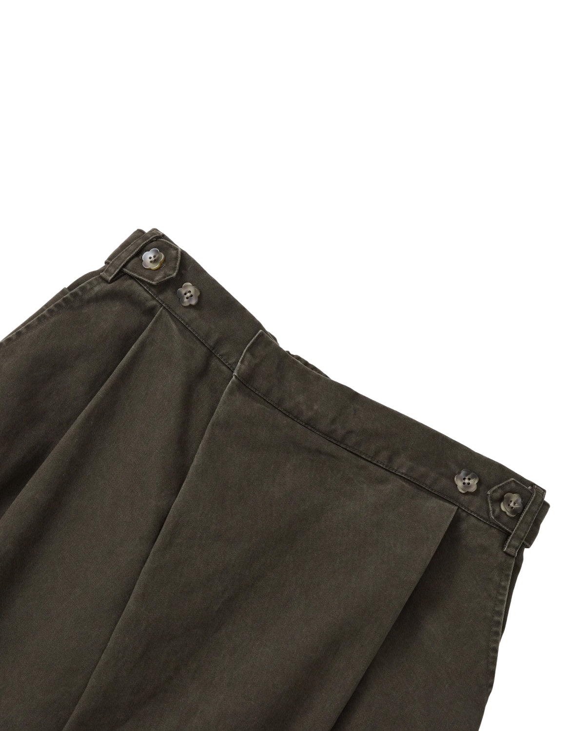 SOIL HANBOK CHINO PANTS in dark olive, featuring a high-waisted, barrel-fit silhouette with an adjustable waistband and flower-shaped buttons.