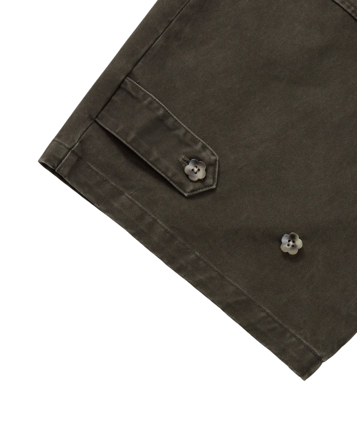 SOIL HANBOK CHINO PANTS in dark olive, featuring a barrel-fit silhouette, a buttoned flap pocket, and flower-shaped buttons.