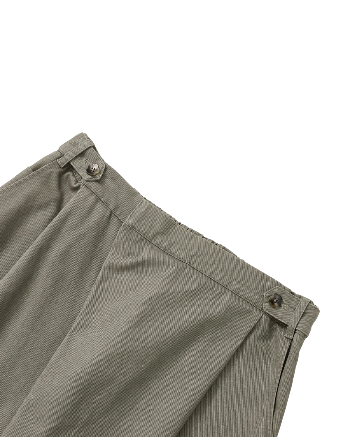 STONE KIEF HANBOK CHINO PANTS in olive green, featuring a barrel-fit silhouette, high waistband, pleats, and side button tabs for an adjustable fit.