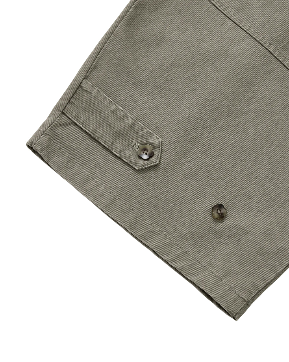 STONE KIEF HANBOK CHINO PANTS in olive with a barrel-fit silhouette, featuring a leg tab secured by a flower-shaped button.