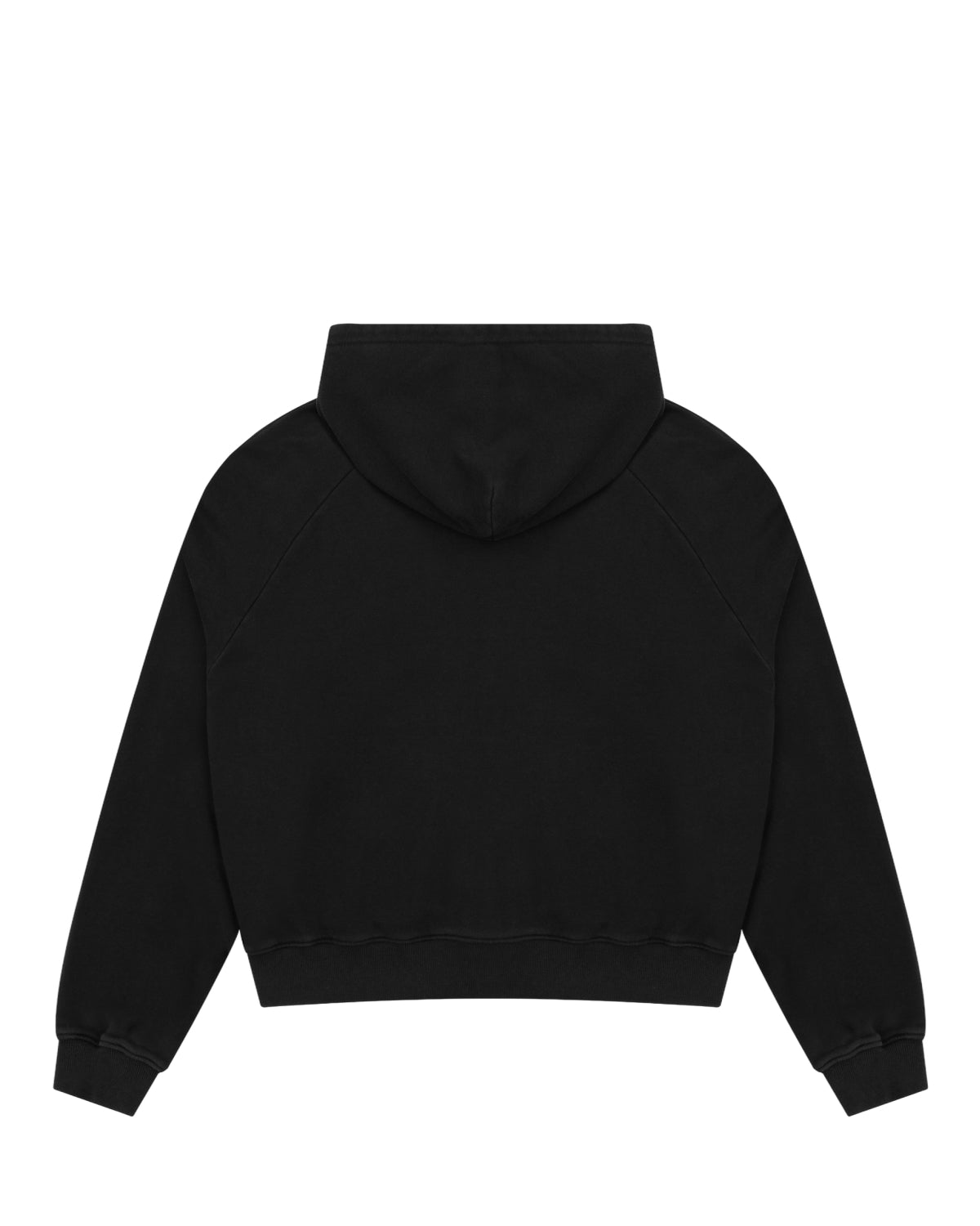 The BLACK WASH HANBOK HOODIE by Sundae School is displayed from the back, highlighting its oversized hood, long sleeves, ribbed cuffs, and waistband for a comfortable fit.