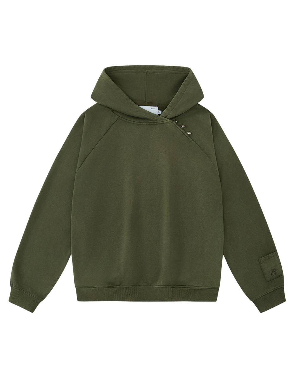 The KHAKI HANBOK HOODIE by Sundae School is an olive green hooded sweatshirt with long sleeves, featuring an asymmetric hood closure with snap buttons on the right shoulder and a patch on the left sleeve. This custom “떨” logo hoodie also includes a signature sleeve stash pocket, and is shown laid flat on a white background.