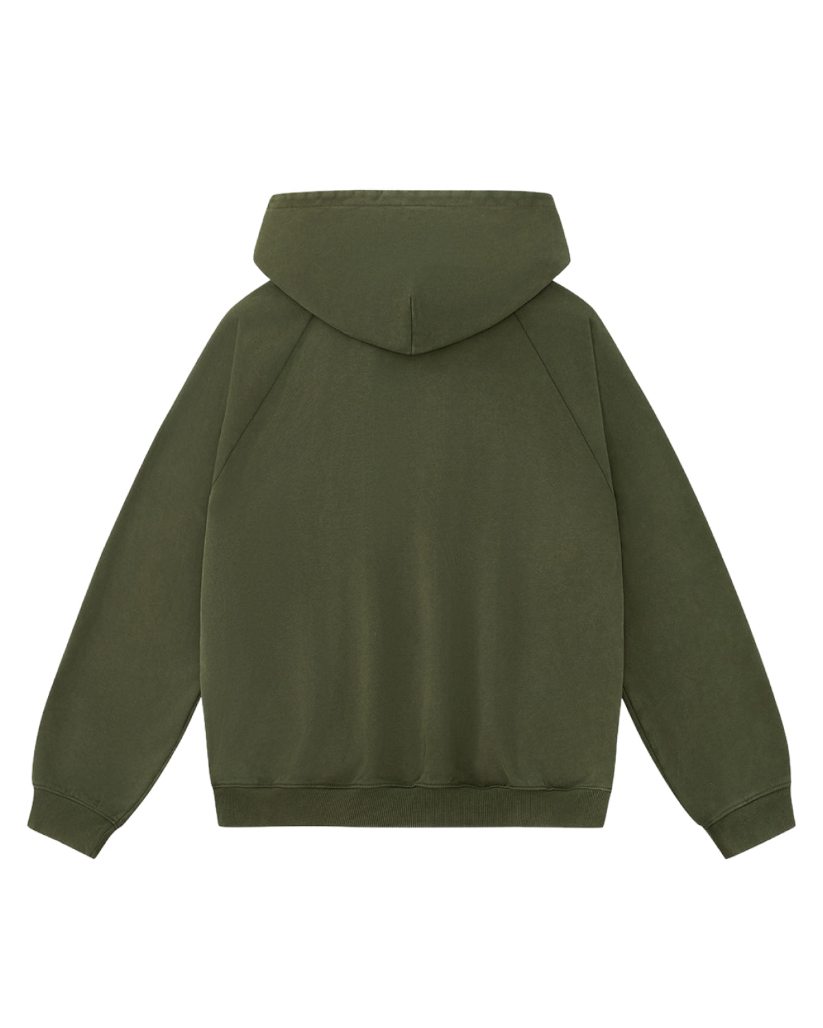 Back view of the Sundae School KHAKI HANBOK HOODIE in olive green, showcasing a subtle asymmetric hood closure and the brand’s signature sleeve stash pocket. Crafted from soft material with ribbed cuffs and waistband, it offers a minimalist look with no visible logos or designs.
