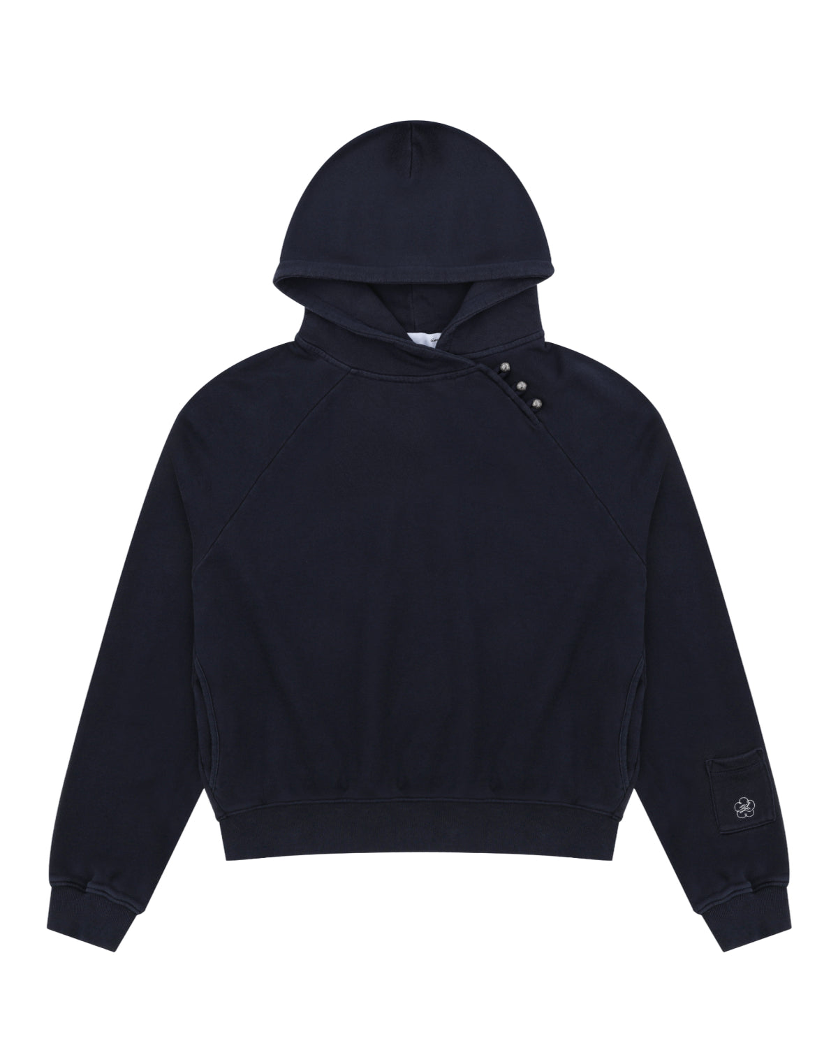 Sundae School’s NAVY WASH HANBOK HOODIE features an oversized hood, long sleeves, ribbed cuffs and hem, and three buttons on the left shoulder. Made from custom cotton, it is finished with a small embroidered patch near the left cuff.