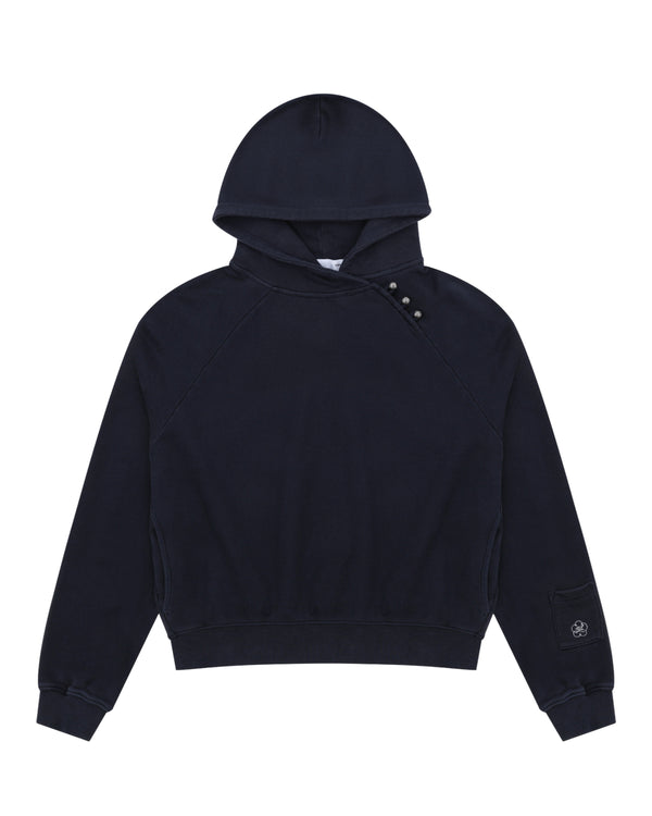 Sundae School’s NAVY WASH HANBOK HOODIE features an oversized hood, long sleeves, ribbed cuffs and hem, and three buttons on the left shoulder. Made from custom cotton, it is finished with a small embroidered patch near the left cuff.