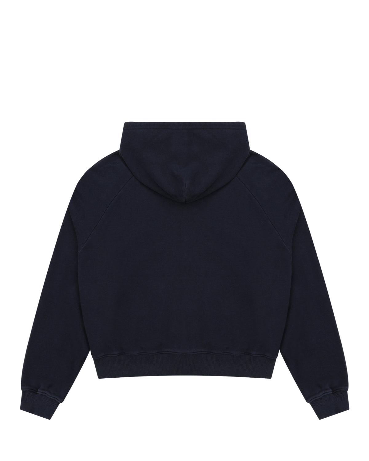 A NAVY WASH HANBOK HOODIE by Sundae School is laid flat and shown from the back, featuring an oversized hood and long sleeves. The custom cotton fabric looks thick and soft, with no visible graphics or logos.