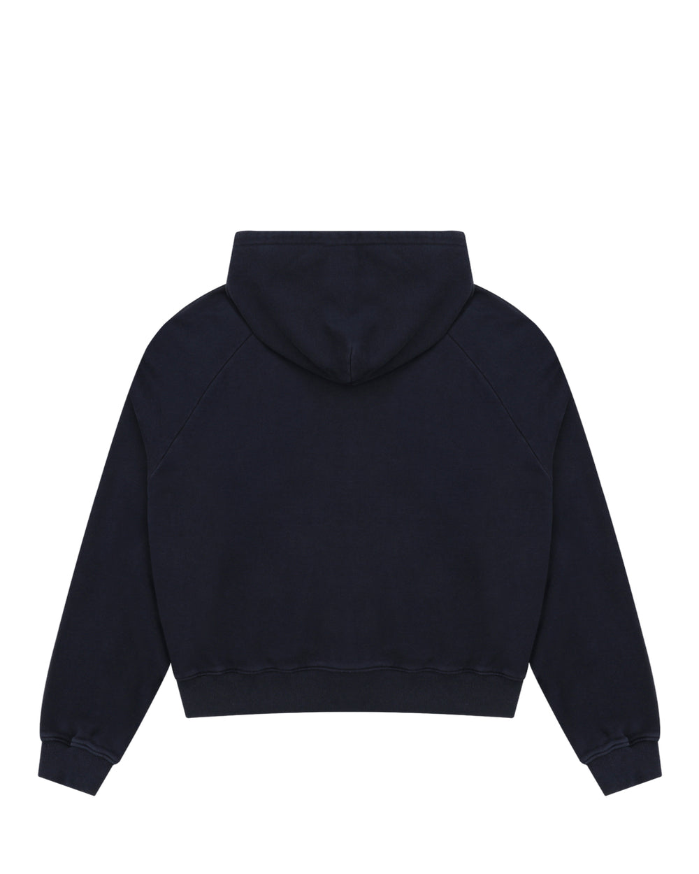 A NAVY WASH HANBOK HOODIE by Sundae School is laid flat and shown from the back, featuring an oversized hood and long sleeves. The custom cotton fabric looks thick and soft, with no visible graphics or logos.