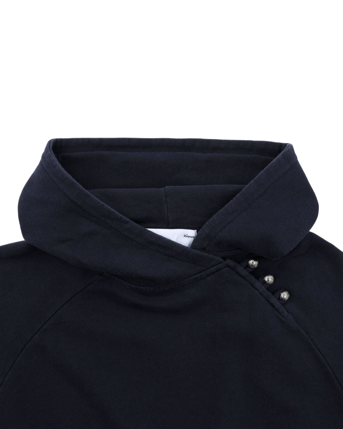 Close-up of the Sundae School NAVY WASH HANBOK HOODIE, featuring a high collar and three metallic buttons on the right shoulder. Crafted from custom cotton, the soft, thick fabric evokes contemporary Hanbok Hoodie designs.