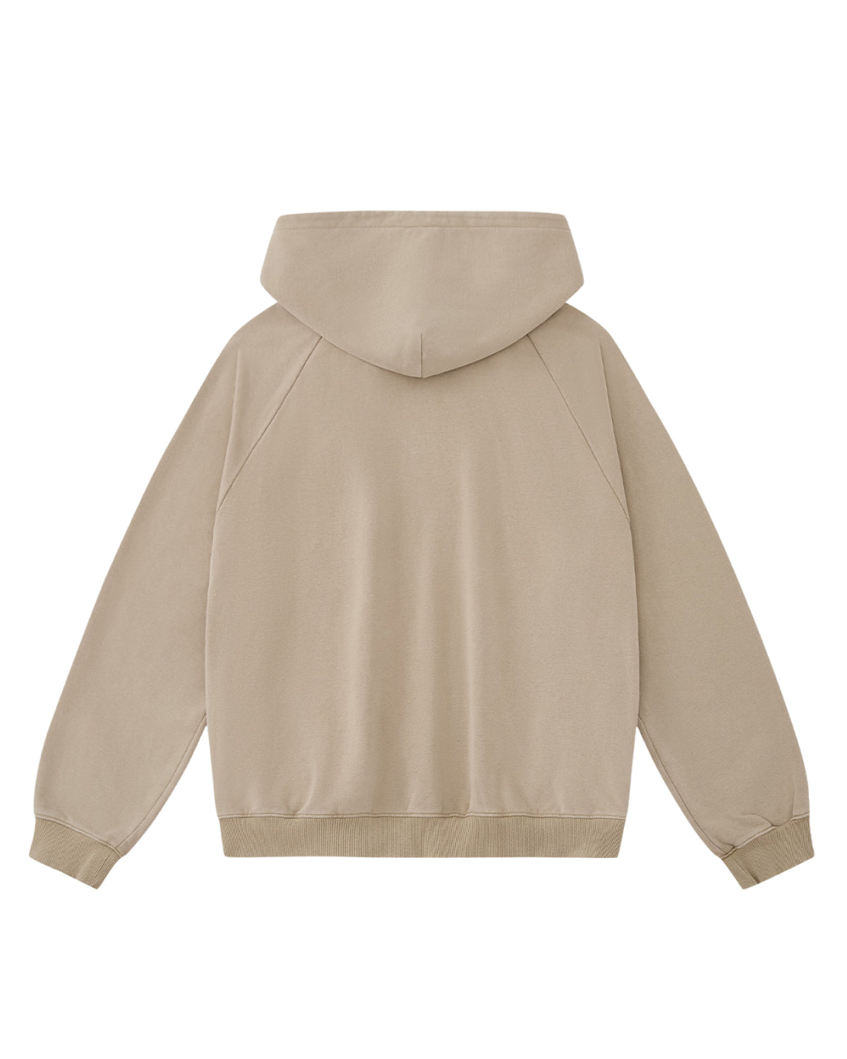 The Sundae School TAUPE HANBOK HOODIE is displayed from the back, laid flat, featuring long sleeves, ribbed cuffs and hem, a hood with an asymmetric closure, and the signature stash pocket.