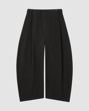 The BLACK HANBOK LINEN PANTS by Sundae School feature a wide barrel leg, high waist, pleats, and button details at the waistband, shown flat on a plain light background.