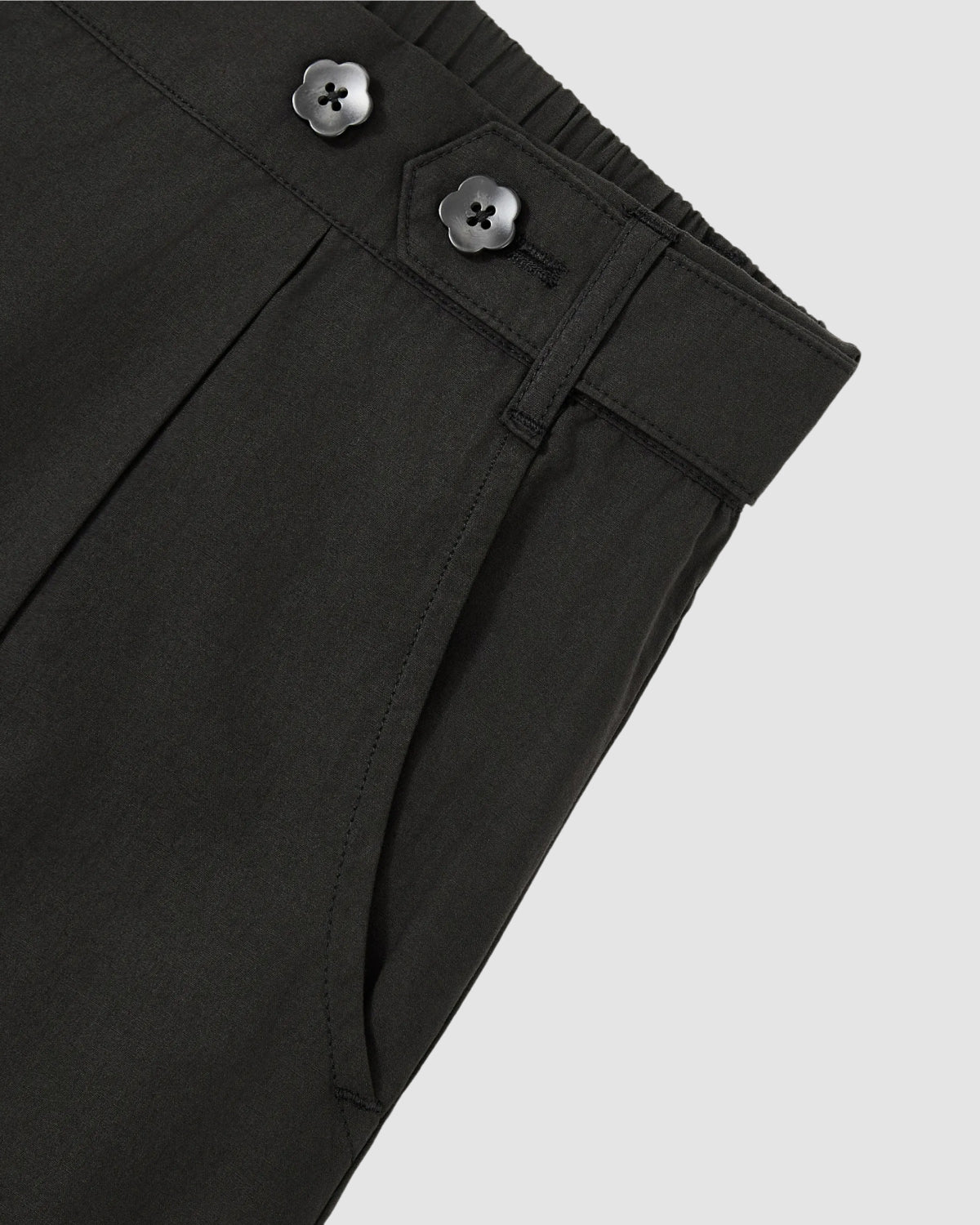 Close-up of the waistband and upper section of Sundae School BLACK HANBOK LINEN PANTS, showing two black flower-shaped buttons and a slanted front pocket against a plain light background.