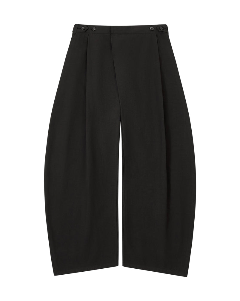 Introducing the BLACK HANBOK LINEN PANTS by Sundae School—crafted from a matte, structured fabric, these high-waisted black trousers feature elegant side button details and front pleats. Designed with a wide barrel leg and a distinctive curved, balloon-like silhouette inspired by classic cotton linen balloon pants, they bring elevated style to any look.