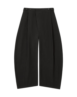 Introducing the BLACK HANBOK LINEN PANTS by Sundae School—crafted from a matte, structured fabric, these high-waisted black trousers feature elegant side button details and front pleats. Designed with a wide barrel leg and a distinctive curved, balloon-like silhouette inspired by classic cotton linen balloon pants, they bring elevated style to any look.