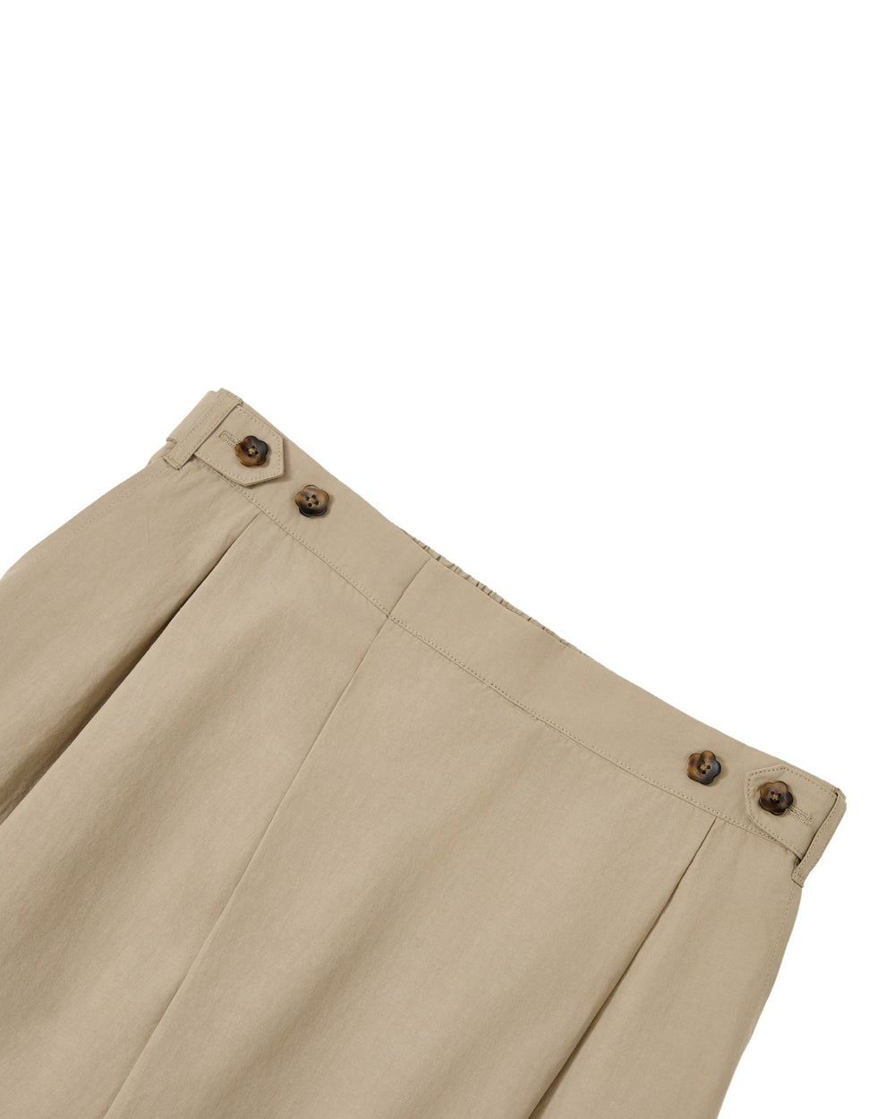 Sundae School’s WHEAT HANBOK LINEN PANTS are khaki-colored balloon pants crafted from a cotton-linen blend, featuring pleats, a high waistband with structured stitching and belt loops, and decorative brown buttons on both sides near the top hem. The adjustable waistband ensures added comfort.