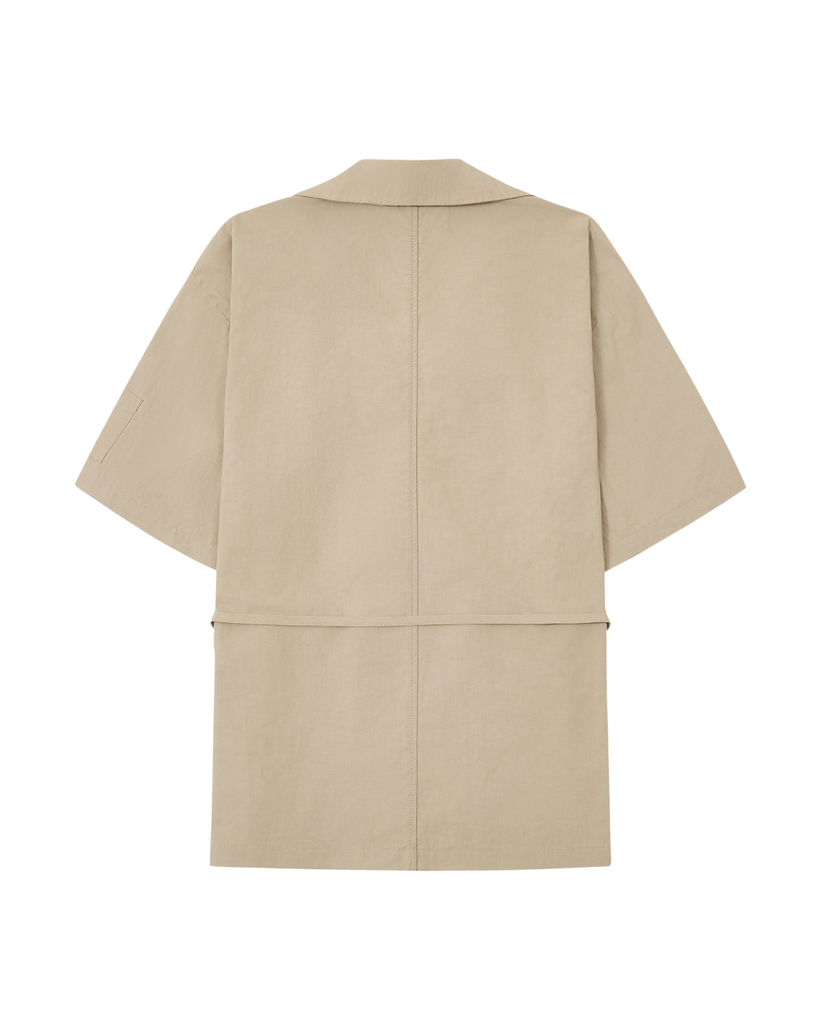 The WHEAT HANBOK LINEN SHIRT by Sundae School is showcased against a white background, featuring a beige hue, short sleeves, and knee-length cut. Crafted from a cotton-linen blend, it’s shown from the back with a simple collar and minimal seams—perfect for layering over your favorite summer shirt.