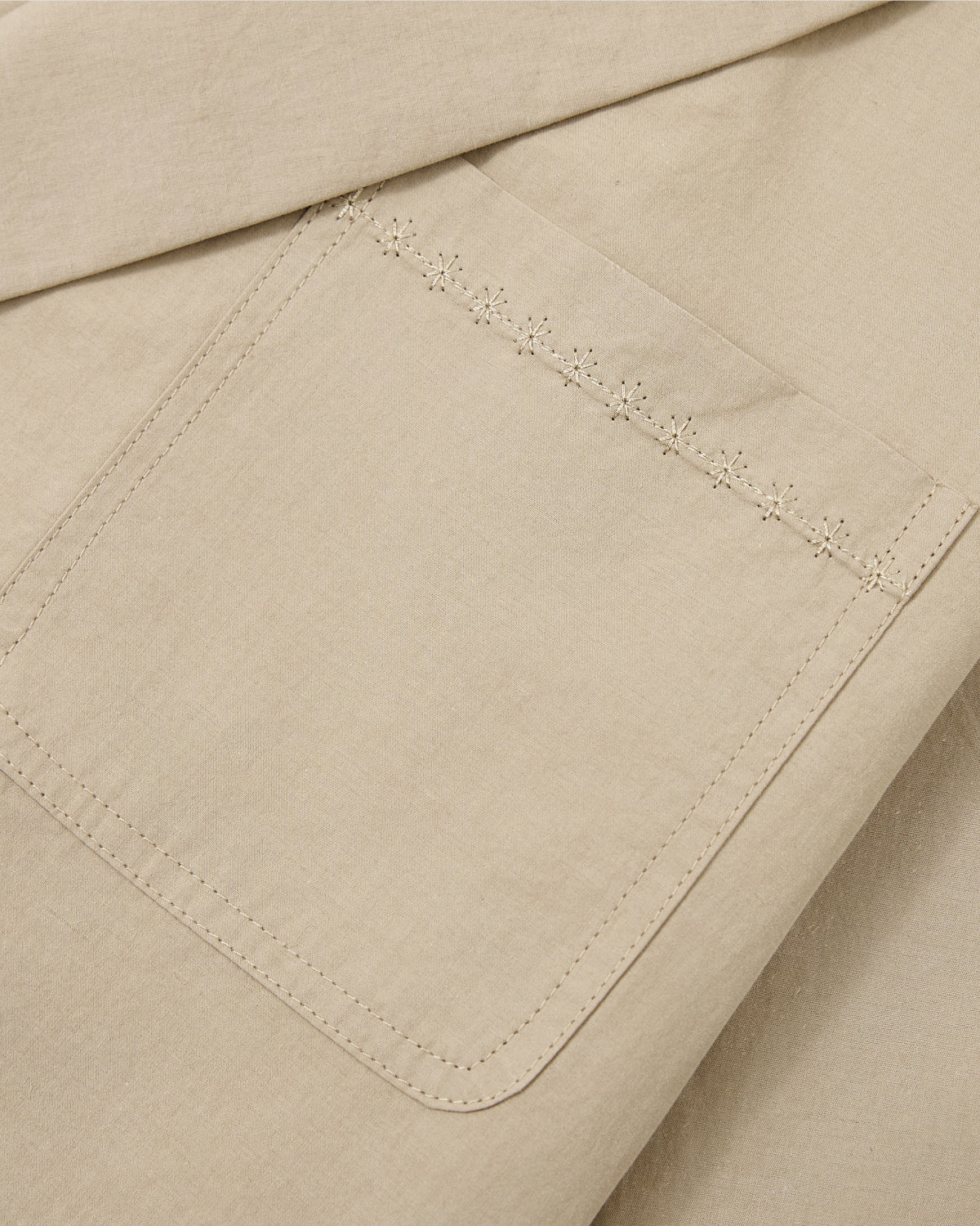 Close-up of a beige fabric pocket with detailed stitching and small embroidered flowers, featured on the WHEAT HANBOK LINEN SHIRT by Sundae School. The soft cotton-linen blend hints at its breezy, summer-ready design.
