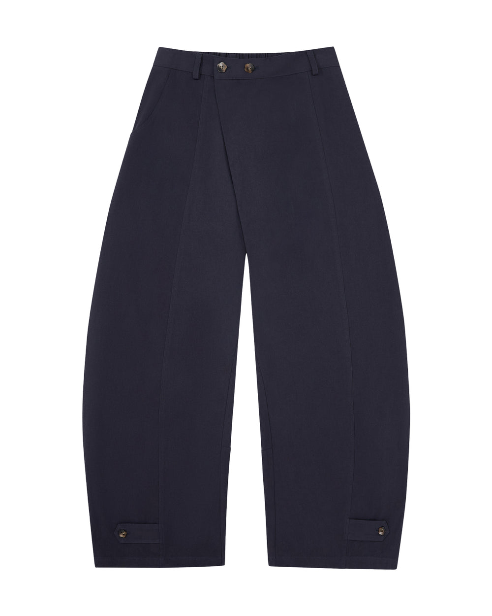 The NAVY HANBOK BALLOON PANTS by Sundae School, inspired by K-drama style, showcase a stylish balloon silhouette with wide legs, an elastic waistband, spacious front pockets, and button accents at the ankles. Crafted from breathable cotton in a navy blue shade, these pants are laid flat on a white background—perfect for elevating any casual look.