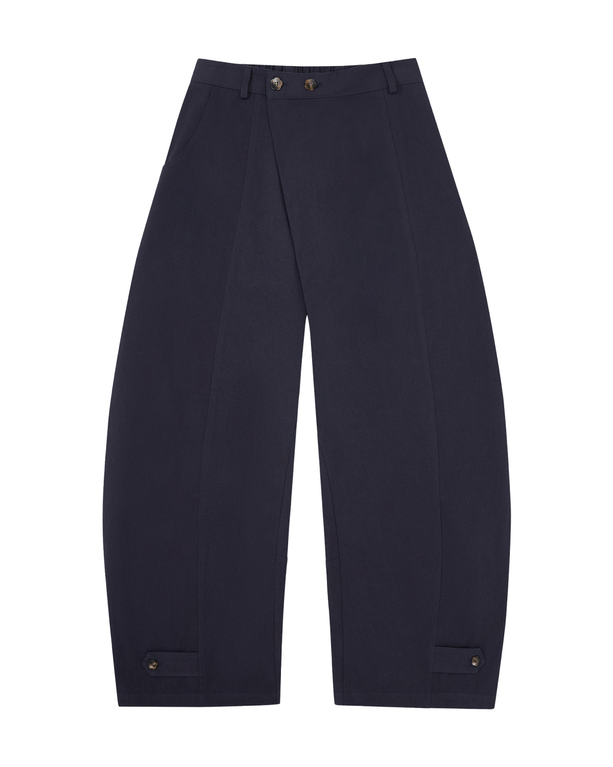 The NAVY HANBOK BALLOON PANTS by Sundae School, inspired by K-drama style, showcase a stylish balloon silhouette with wide legs, an elastic waistband, spacious front pockets, and button accents at the ankles. Crafted from breathable cotton in a navy blue shade, these pants are laid flat on a white background—perfect for elevating any casual look.