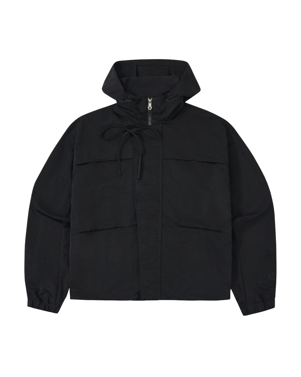Black jacket with a hood on a white background