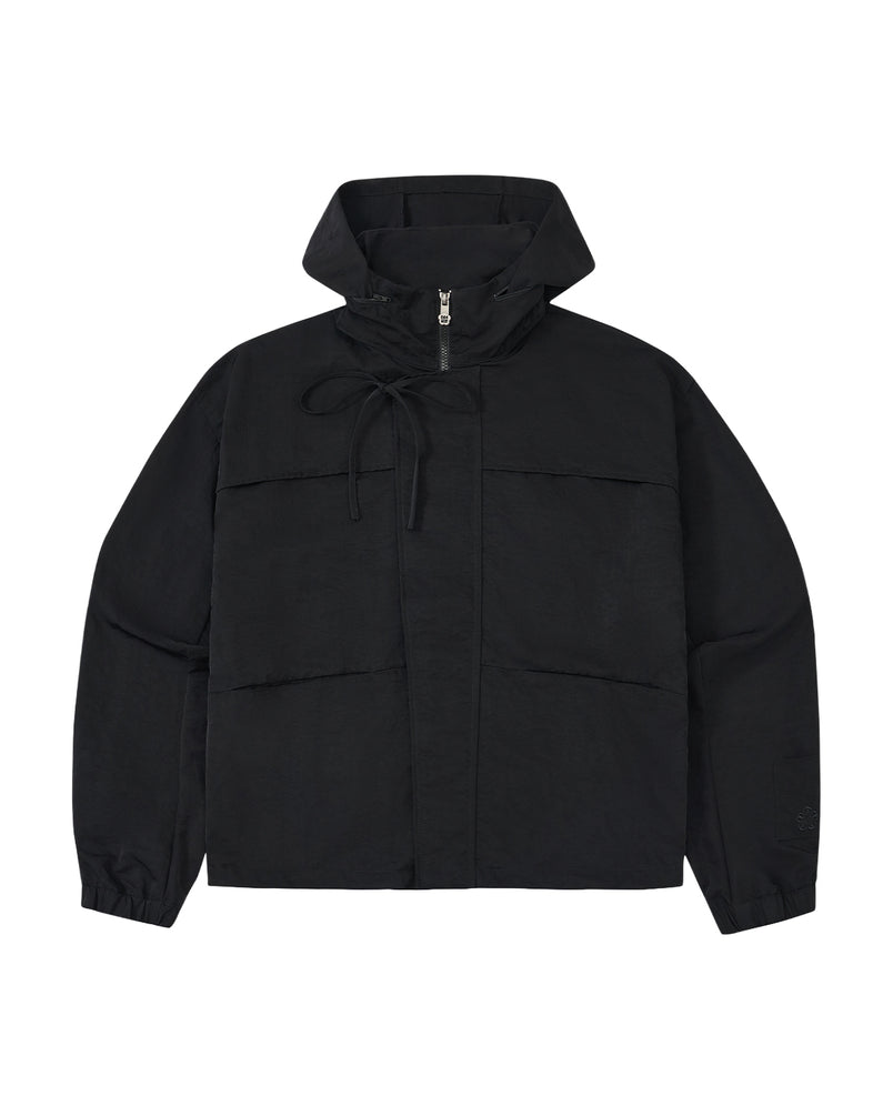 Black jacket with a hood on a white background