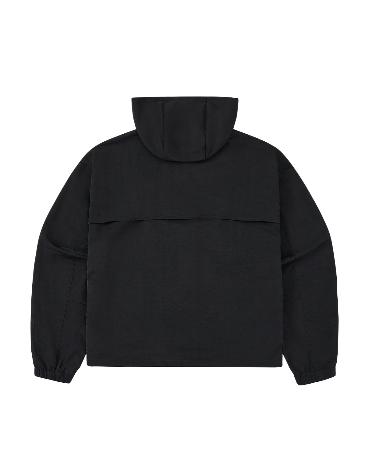 A black hooded jacket shown from the back, featuring a wide shoulder seam and elasticized cuffs, photographed against a solid white background.